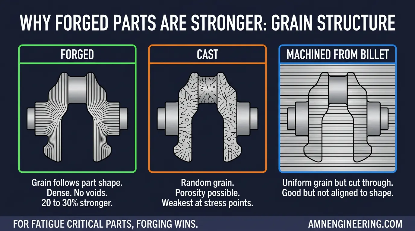 Grain structure comparison diagram showing aligned grain flow in forged parts, random dendritic grain in cast parts, and uniform but unaligned grain in machined billet parts
